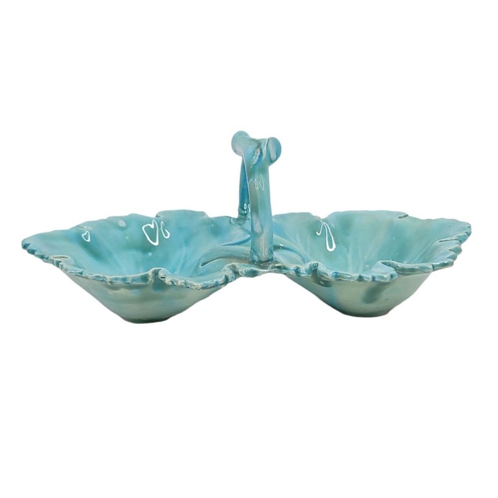 Vintage Holland Mold Double Leaf Dish Relish Condiment Soap Blue White Ceramic - Picture 4 of 10